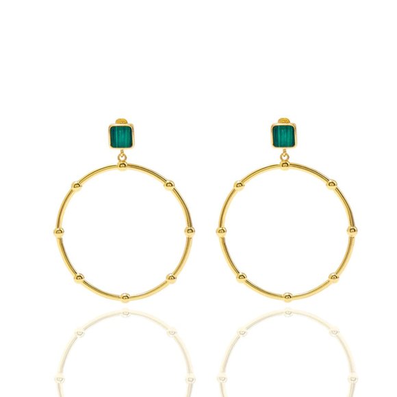 14K Gold Plated Brass Green Malachite Earrings - Picture 2 of 12